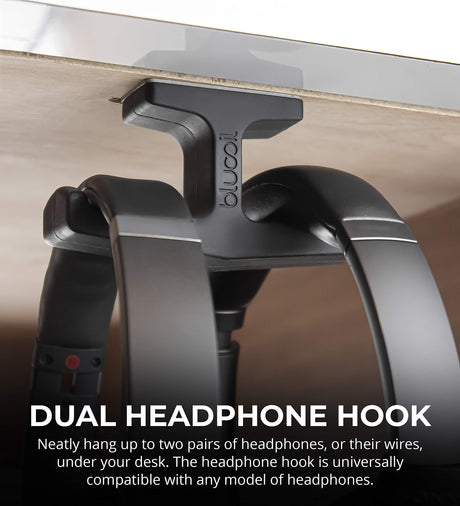 Blucoil Stick-On Under Desk Dual Headphone Holder, Headphone Hanger Stand Mount - Universal for All Headsets, Headphones & Wires (Black)