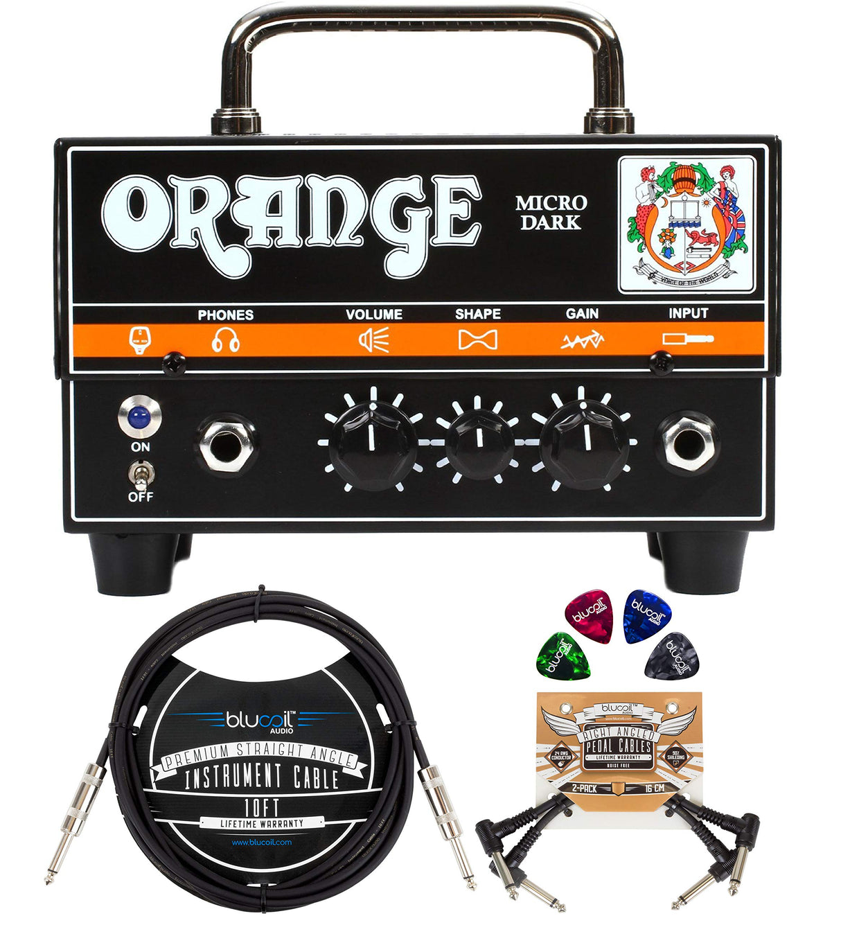 Orange Amps Micro Dark 20W Tube Hybrid Amplifier Head for Electric Guitars Bundle with Blucoil 10' Straight Instrument Cable (1/4"), 2-Pack of Pedal Patch Cables, and 4-Pack of Celluloid Guitar Picks