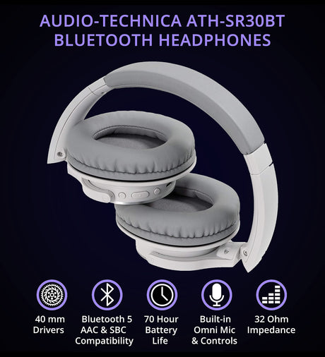 blucoil Audio Technica ATH-SR30BTGY Bluetooth Headphones (Natural Gray) Bundle with Audio ModMic Wireless, Headphone Case and Hook, Y Splitter Cable, 3' USB Extension Cable, and 5' Aux Cable