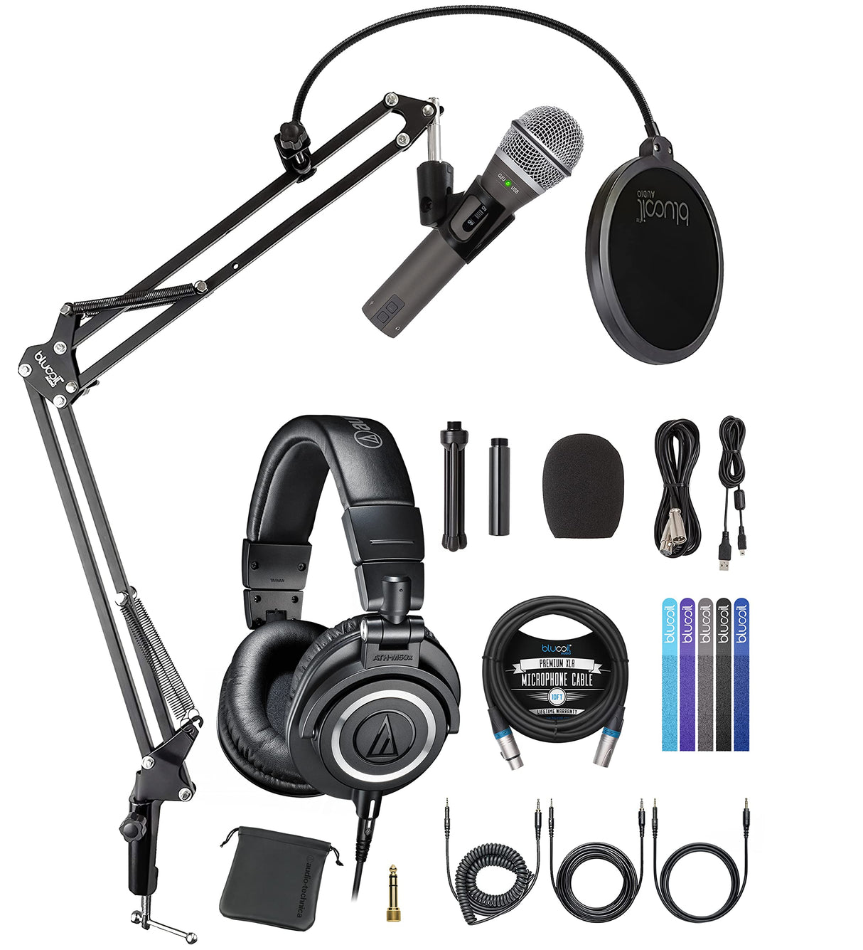 blucoil Audio Technica ATH-M50X Professional Studio Monitor Headphones Bundle with Samson Technologies Q2U USB/XLR Dynamic Microphone, 5X Cable Ties, 10' XLR Cable, and Boom Arm Plus Pop Filter