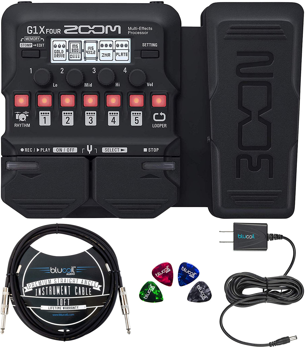 Zoom G1X FOUR Multi-Effects Processor with Expression Pedal Bundle with Guitar Lab Software, Blucoil 9V AC Adapter, 10-FT Straight Instrument Cable (1/4in), and 4-Pack of Celluloid Guitar Picks