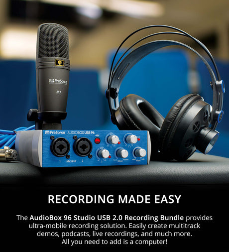 PreSonus AudioBox 96 Studio USB 2.0 Recording Bundle with Interface, Headphone, Microphone & Studio One Artist, Blucoil Boom Arm, 10' XLR & Instrument Cables, USB-A Mini Hub and 3' USB Extension Cable