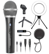 Audio-Technica ATR2100X-USB Cardioid Dynamic Microphone (ATR Series) for Windows and Mac Bundle with Blucoil Pop Filter Windscreen, 6" Dimmable Selfie Ring Light, and USB-A Mini Hub