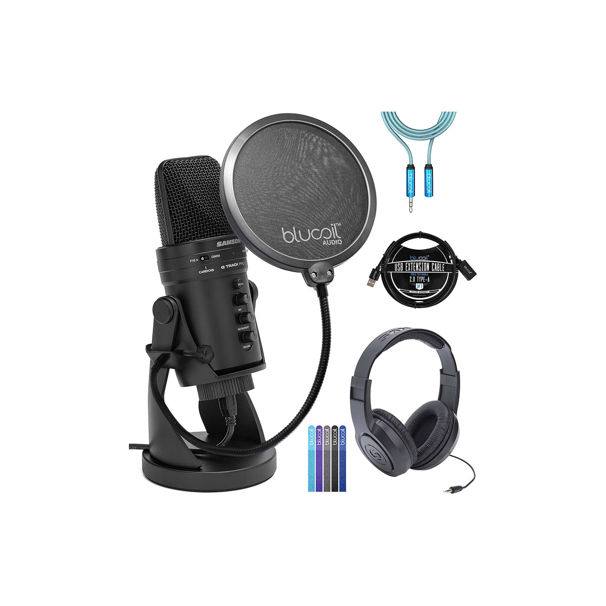 blucoil Samson G-Track Pro USB Microphone with Audio Interface Bundle with SR350 Headphones, Pop Filter Windscreen, 3-FT USB 2.0 Type-A Extension Cable, 6' 3.5mm Extension Cable, and 5X Cable Ties