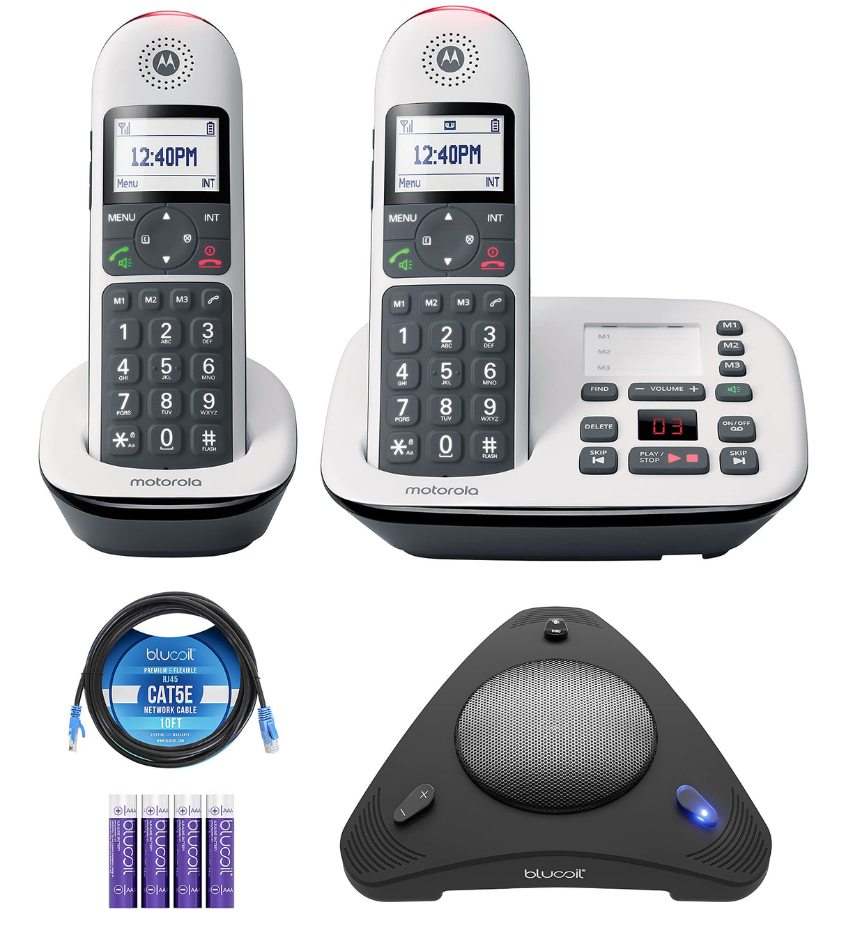 Motorola CD5012 CD5 Series Digital Cordless Telephone with Answering Machine (2 Handsets) Bundle with Blucoil 4 AAA Batteries, 10' Cat5 Cable, and USB Conference Speakerphone