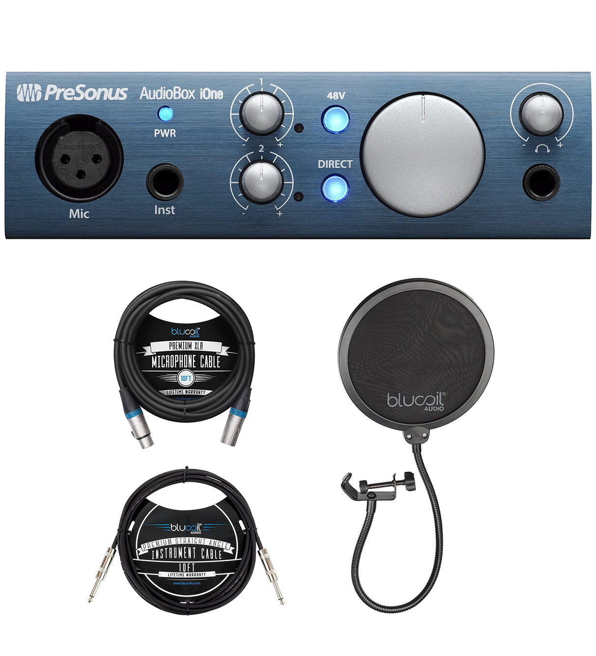 PreSonus AudioBox iOne 2x2 USB/iPad Audio Interface for Mac, Windows, iOS Bundle with Blucoil 10-FT Balanced XLR Cable, Pop Filter Windscreen, and 10-FT Straight Instrument Cable (1/4in)