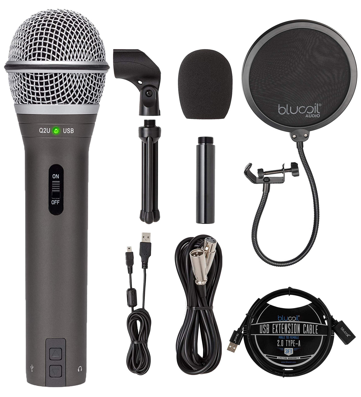 Samson Q2U USB XLR Dynamic Microphone for Windows, Mac, iOS Recording and Podcasting Bundle with Blucoil Pop Filter Windscreen, and 3-FT USB 2.0 Type-A Extension Cable