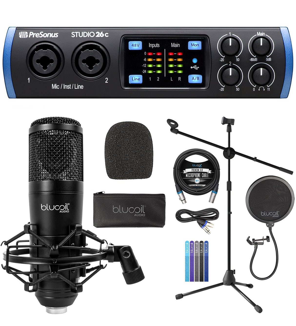 PreSonus Studio 26c 2x4, 192 kHz, USB Audio Interface with Studio One Artist Bundle with Blucoil Condenser Studio XLR Microphone, Adjustable Mic Stand, Pop Filter, 10' XLR Cable, and 5x Cable Ties