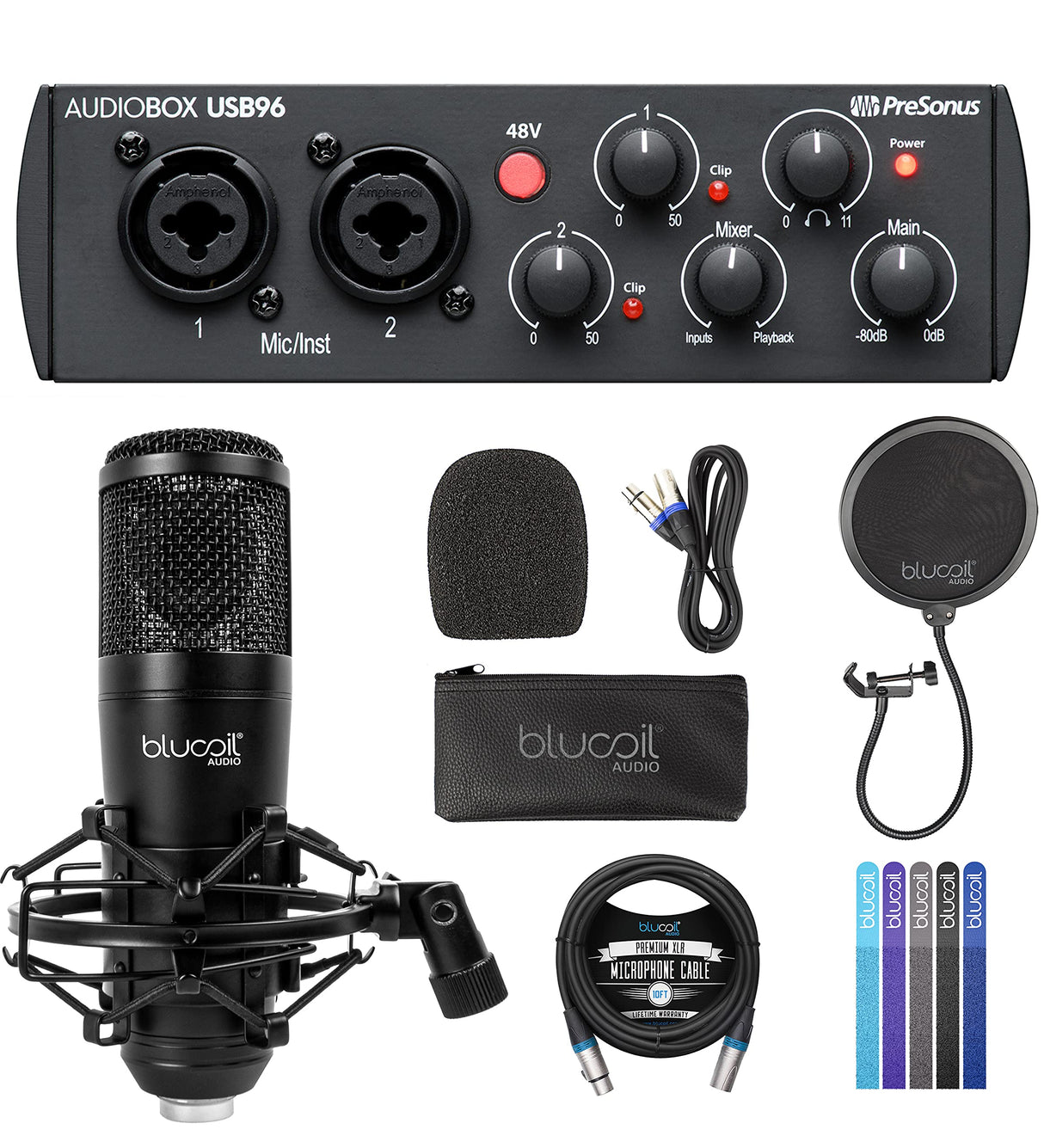 PreSonus AudioBox USB 96 25th Anniversary Edition USB Audio Interface with Studio One Artist Bundle with Blucoil Cardioid Condenser Studio XLR Microphone, Pop Filter, 10' XLR Cable, and 5x Cable Ties