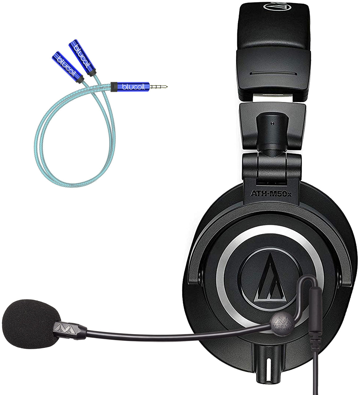 blucoil Audio Technica ATH-M50X Professional Studio Monitor Headphones, Black Bundle with Audio ModMic Uni Attachable Noise-Cancelling Microphone with Mute Switch Y Splitter Cable