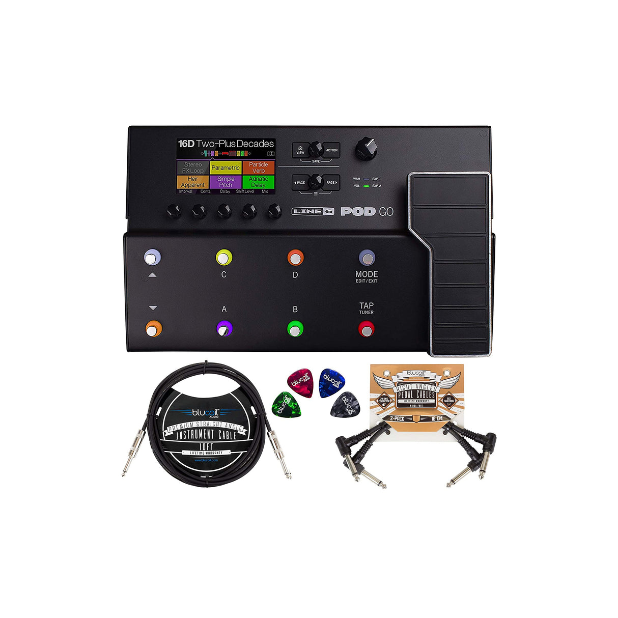 Line 6 POD Go Amp Modeler Multi-FX Processor Bundle with Blucoil 2-Pack of 10-FT Straight Instrument Cables (1/4in), 2-Pack of Pedal Patch Cables, and 4-Pack of Celluloid Guitar Picks