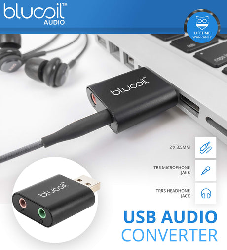 Blucoil USB External Audio Adapter with 3.5mm TRS Mono Microphone and TRRS Stereo Headphones Jack - Compatible with Mac, Linux, Windows Operating Systems