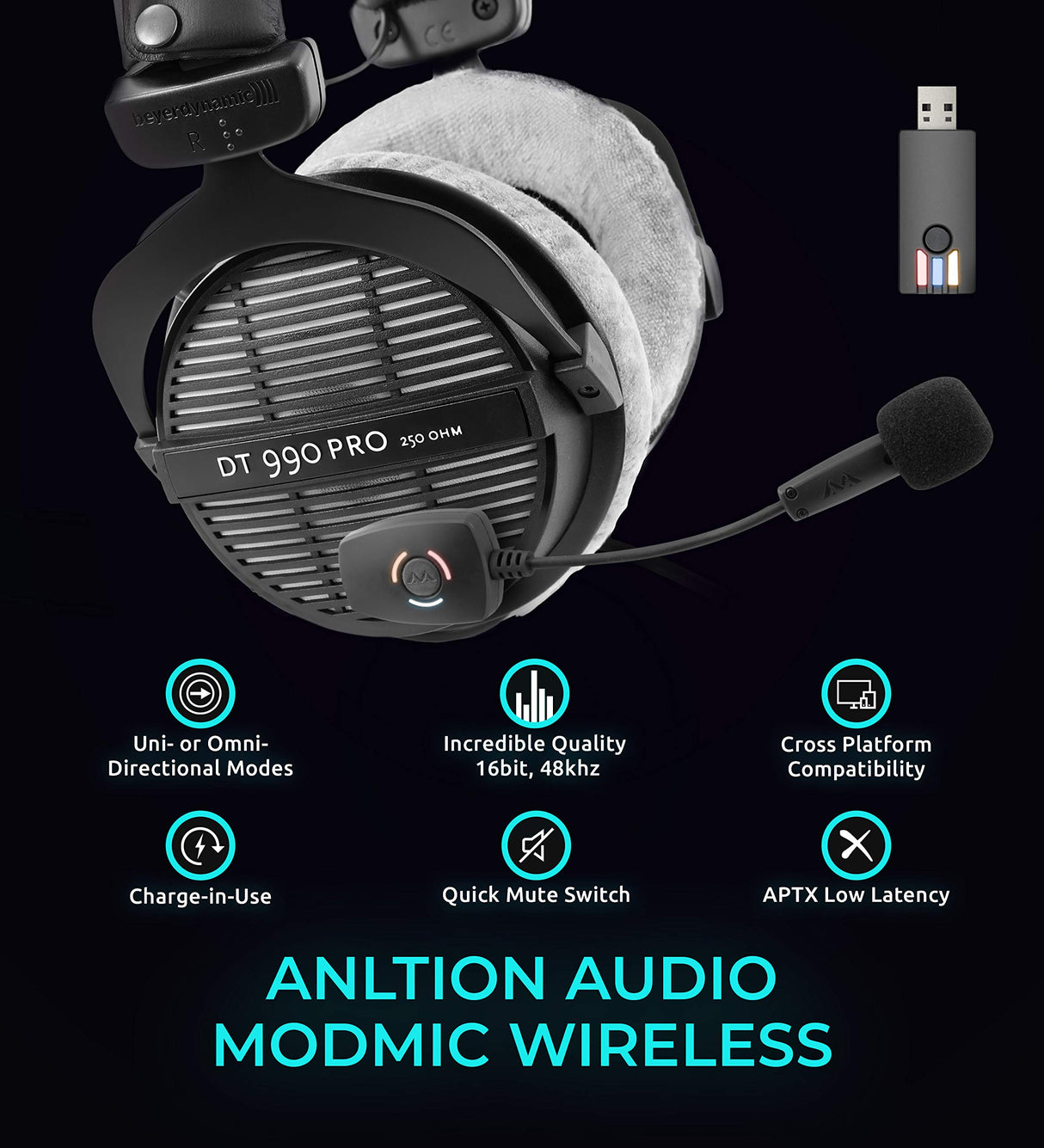 Antlion Audio Beyerdynamic DT 990 PRO 250 Ohm Open Studio Headphones Bundle ModMic Wireless Attachable Boom Microphone for Windows, Mac, Linux, PS4, and Blucoil 6' 3.5mm Headphone Extension Cable