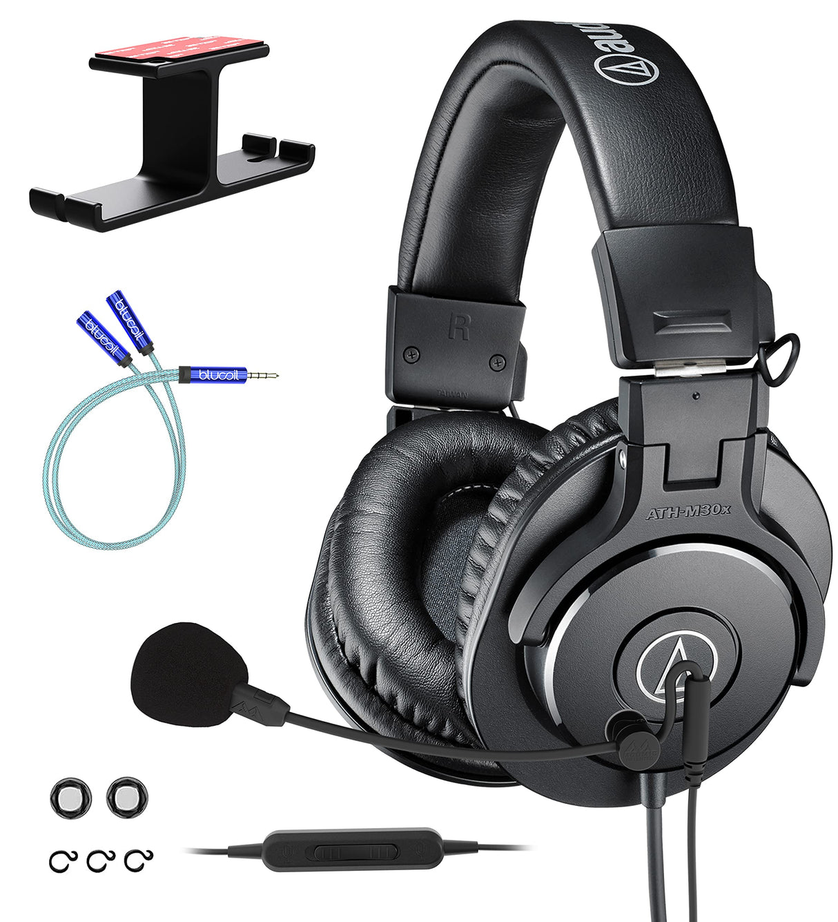 blucoil Audio Technica ATH-M30x Professional Studio Monitor Headphones, Black Bundle with Audio ModMic Uni Attachable Noise-Cancelling Microphone, Y Splitter Cable, and Aluminum Headphone Hook