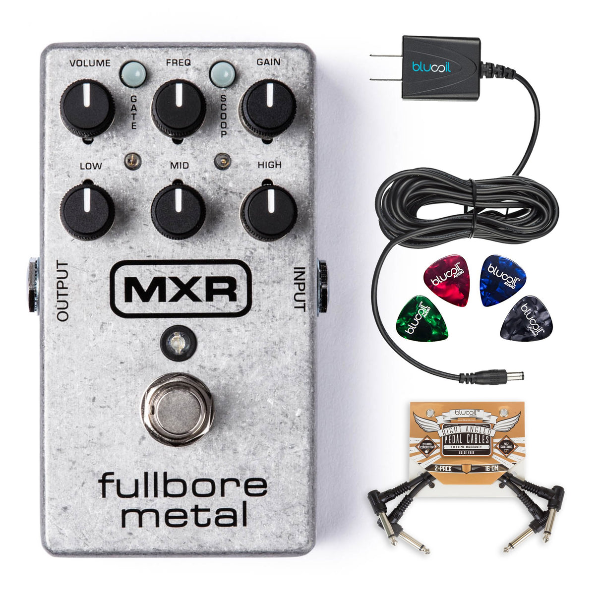 MXR M116 Fullbore Metal Distortion Pedal with 3-Band EQ for Electric Guitars Bundle with Blucoil Slim 9V Power Supply AC Adapter, 2-Pack of Pedal Patch Cables, and 4-Pack of Celluloid Guitar Picks