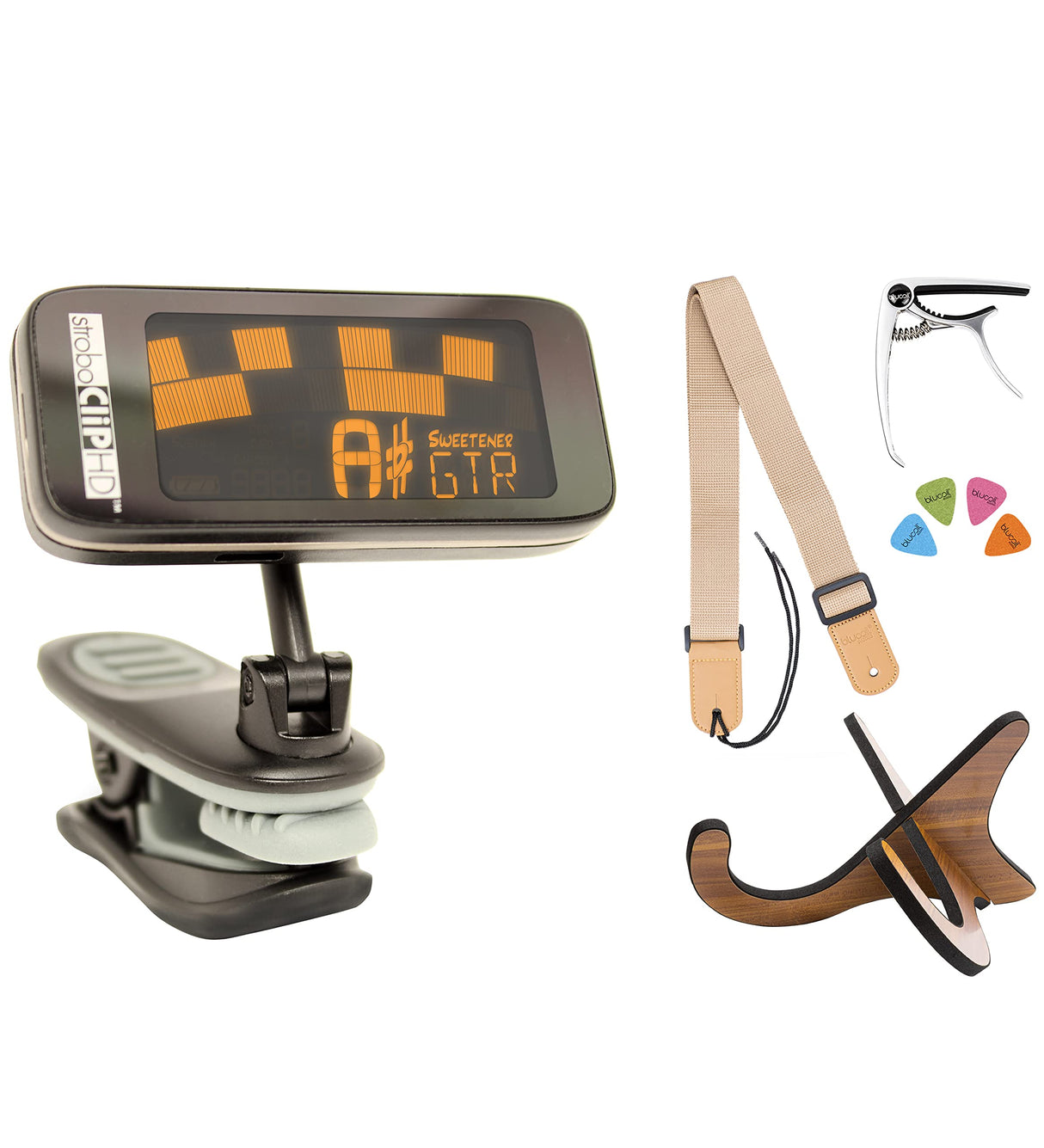 Peterson StroboClip HD Clip-On Tuner | Guitar, Bass, Violin, Ukulele, Harp, Brass, Woodwind, Orchestral Bundle with Blucoil Ukulele Accessories Kit