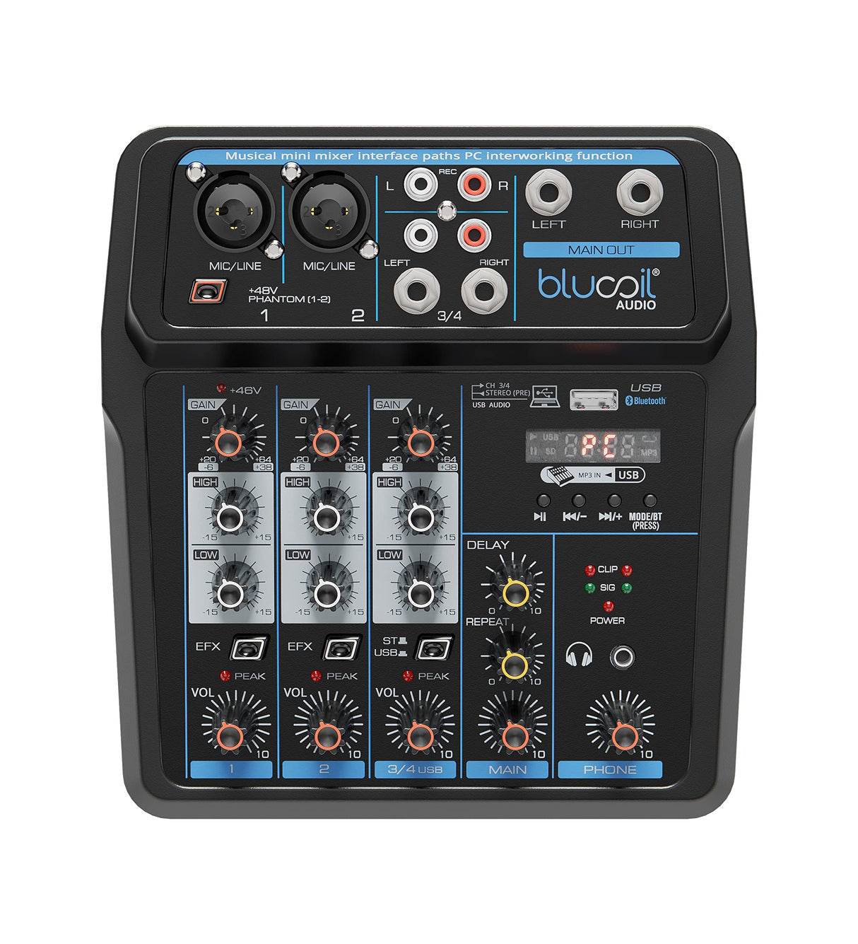 Blucoil 4-Channel Audio Mixer with 48V Phantom Power, 2-Band EQ, Delay and Repeat Effects, Bluetooth, XLR Microphone and MP3 USB Inputs for Home Studio Recording on Windows and Mac