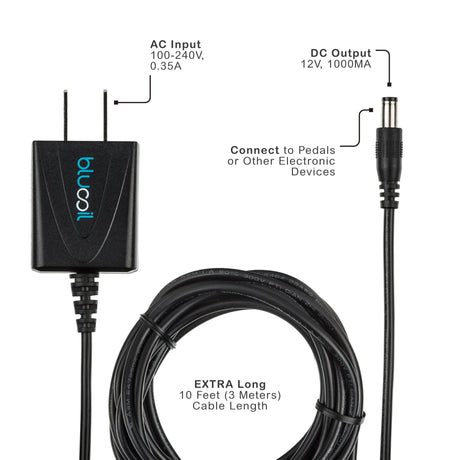 Blucoil Power Supply Slim AC/DC Adapter for 12 Volt DC 1000mA – Compatible with BOSS, Dunlop, Behringer, MXR, Electro Harmonix, TC Electronic, Zoom Effect Pedals - UL Listed