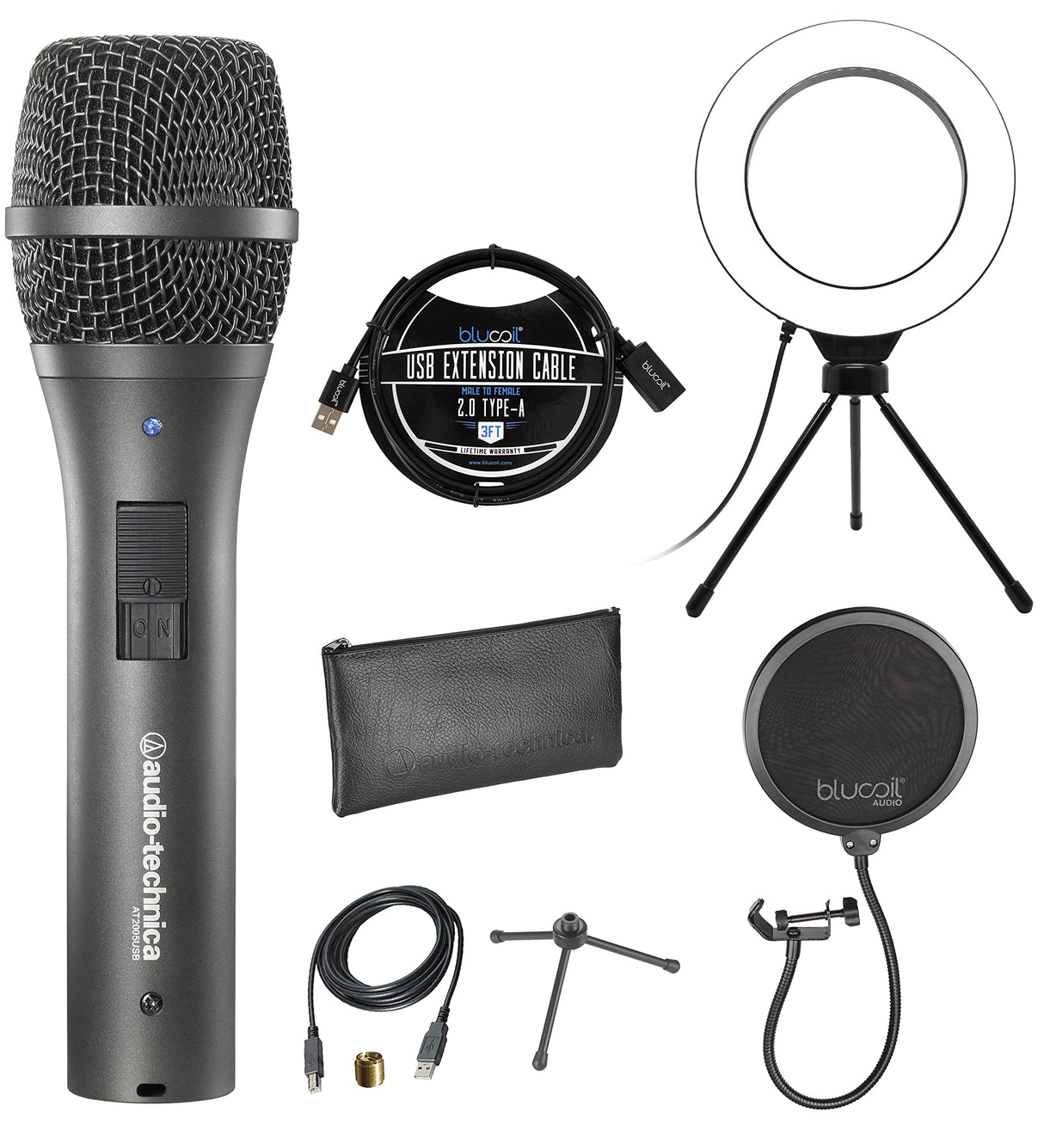 Audio-Technica AT2005USB Cardioid Dynamic USB/XLR Microphone for Windows/Mac Computers, PA Systems, Mixers Bundle with Blucoil Pop Filter, 6" Dimmable Selfie Ring Light, and 3' USB Extension Cable