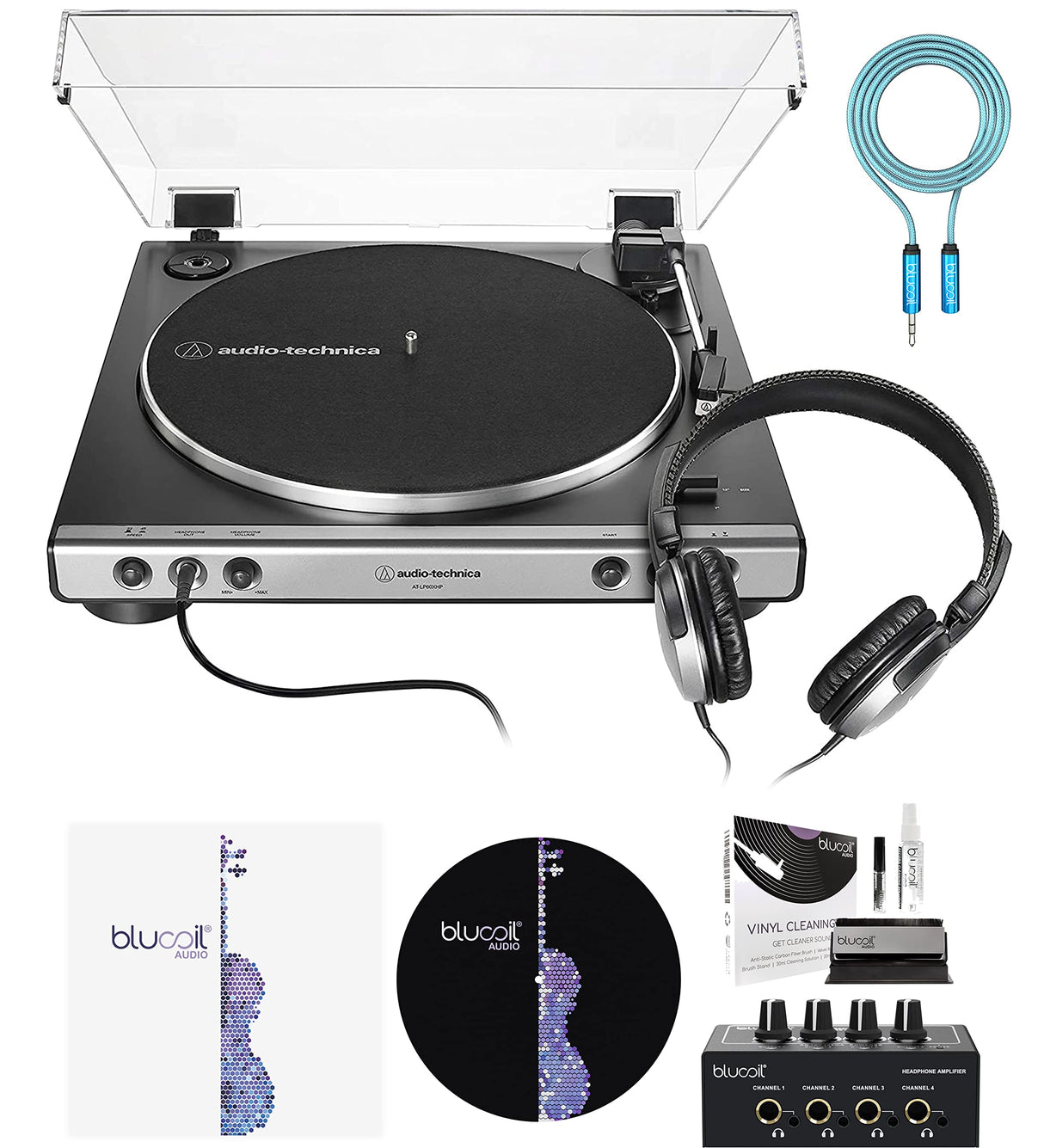 Audio Technica AT-LP60XHP Fully Automatic Belt-Drive Turntable and Headphone Bundle with Blucoil Vinyl Cleaning Kit, LP Inner Sleeve, 12" Slipmat, 6' 3.5mm Headphone Extension Cable, and Headphone Amp