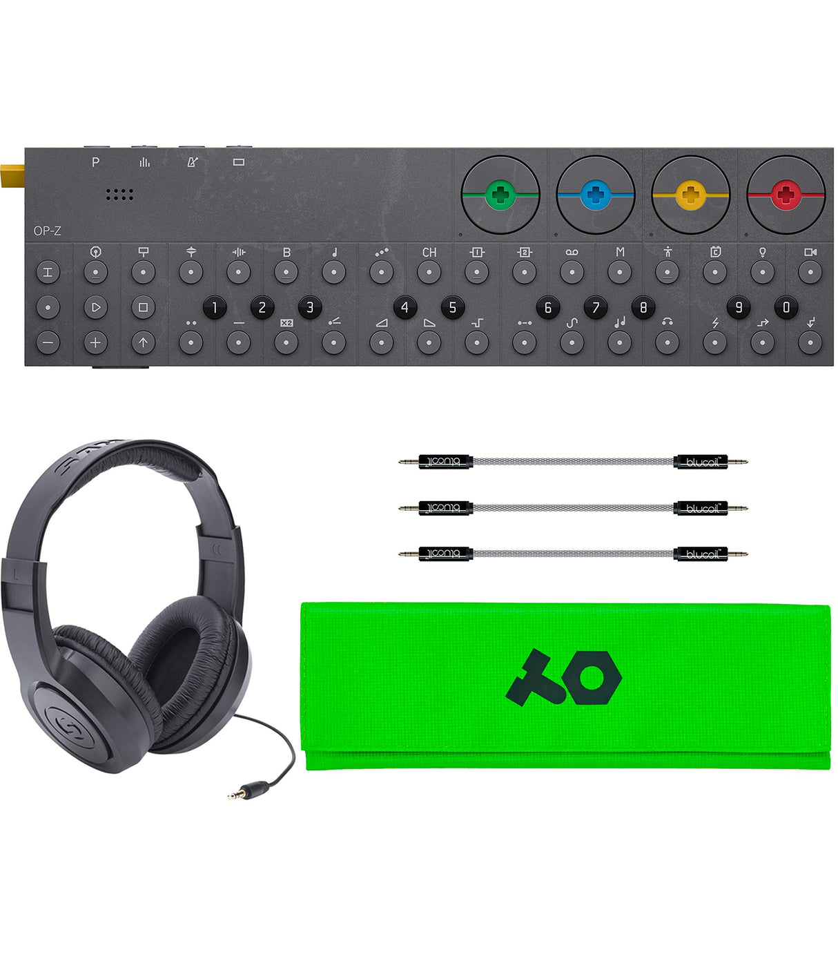 teenage engineering OP-Z Wireless Bluetooth Synthesizer Sequencer Bundle with OP-Z PVC Roll Up Bag (Neon Green), Samson SR350 Over-Ear Stereo Headphones, and Blucoil 3-Pack of 7" Audio Aux Cables