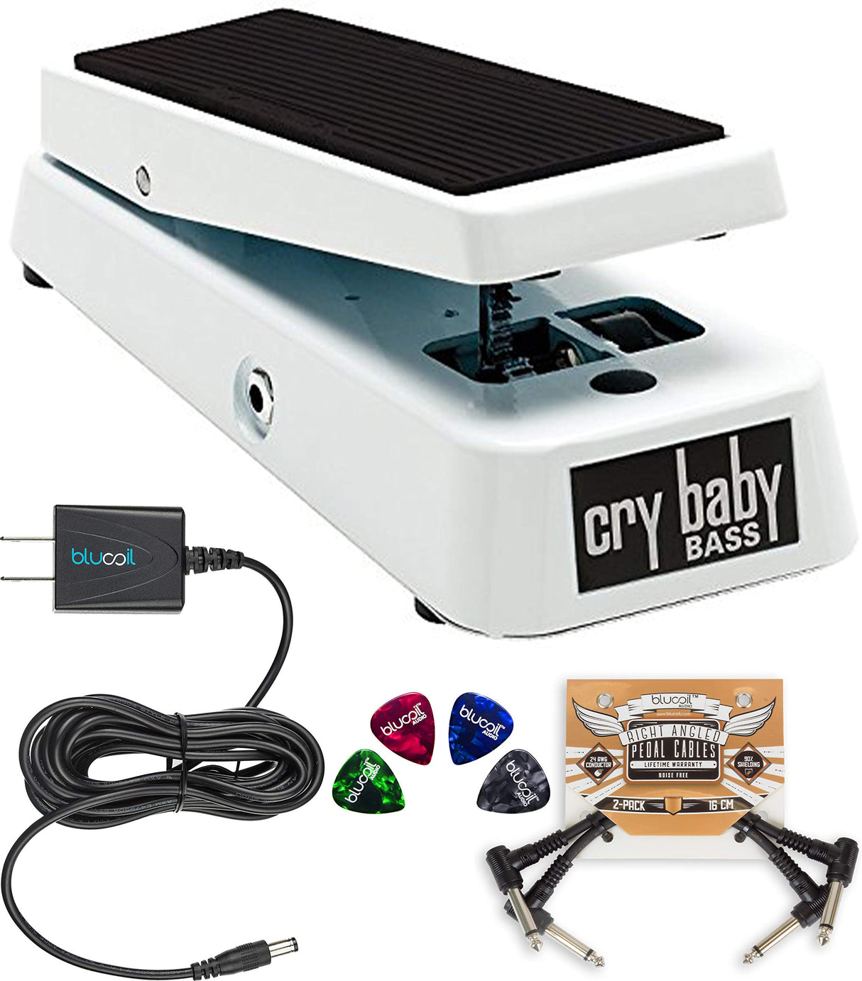 Dunlop 105Q Cry Baby Bass Wah Pedal Bundle with Blucoil Power Supply Slim AC/DC Adapter for 9 Volt DC 670mA, 2-Pack of Pedal Patch Cables, and 4-Pack of Celluloid Guitar Picks