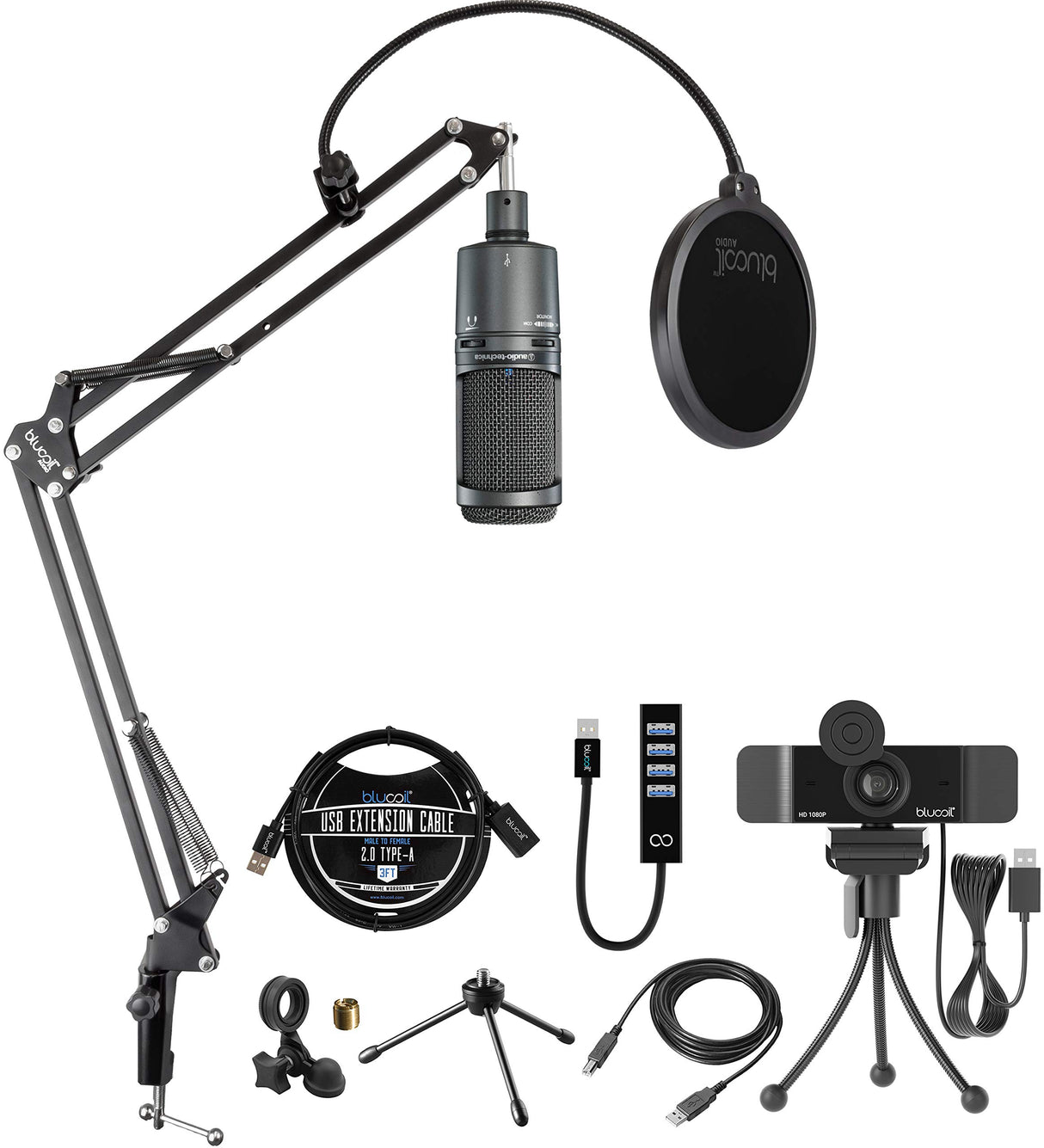 Audio-Technica AT2020USB+ Cardioid Condenser USB Microphone with Built-In Headphone Jack Bundle with Boom Arm Plus Pop Filter, Blucoil 1080p USB Webcam, USB-A Mini Hub, and 3' USB Extension Cable