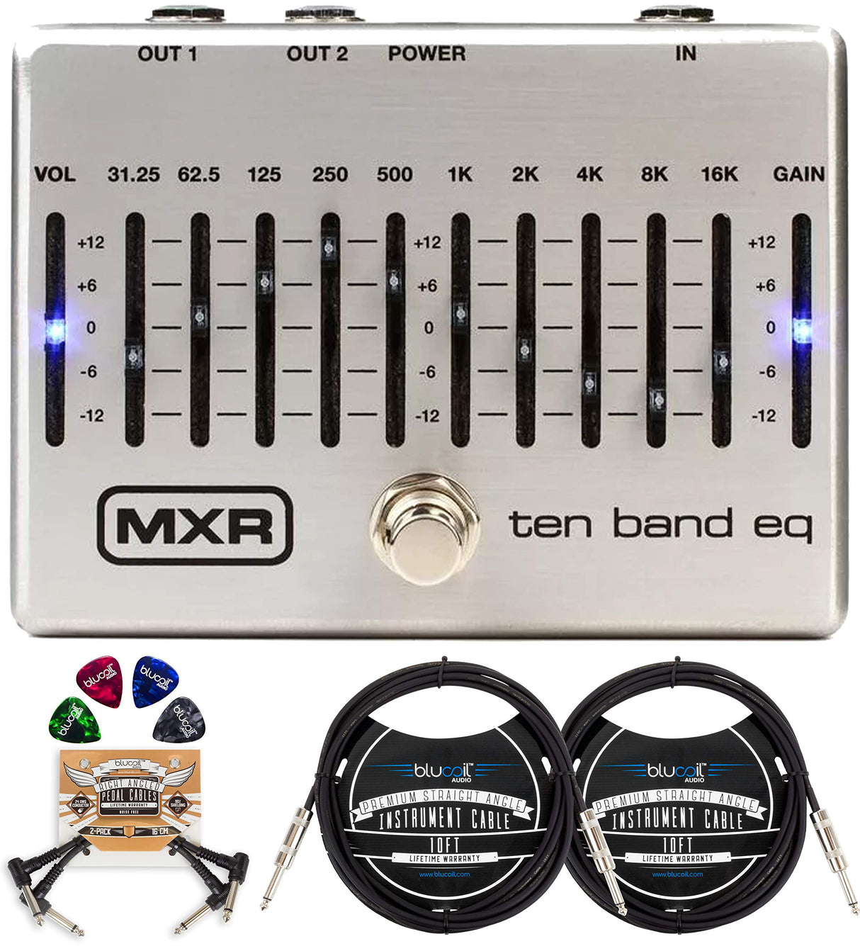 MXR M108S Ten Band EQ Pedal for Electric Guitar and Bass Bundle with Blucoil 2-Pack of 10-FT Straight Instrument Cables (1/4in), 2-Pack of Pedal Patch Cables, and 4-Pack of Celluloid Guitar Picks