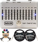 MXR M108S Ten Band EQ Pedal for Electric Guitar and Bass Bundle with Blucoil 2-Pack of 10-FT Straight Instrument Cables (1/4in), 2-Pack of Pedal Patch Cables, and 4-Pack of Celluloid Guitar Picks