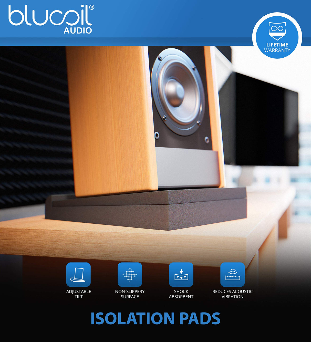 PreSonus Eris E4.5 BT - 4.5" Near Field Studio Monitors with Bluetooth & 50W Power Bundle with Blucoil 2X Isolation Pads, 4X 12 Acoustic Wedges, 5' TRS to TS Stereo Breakout Cable, and 5' Aux Cable