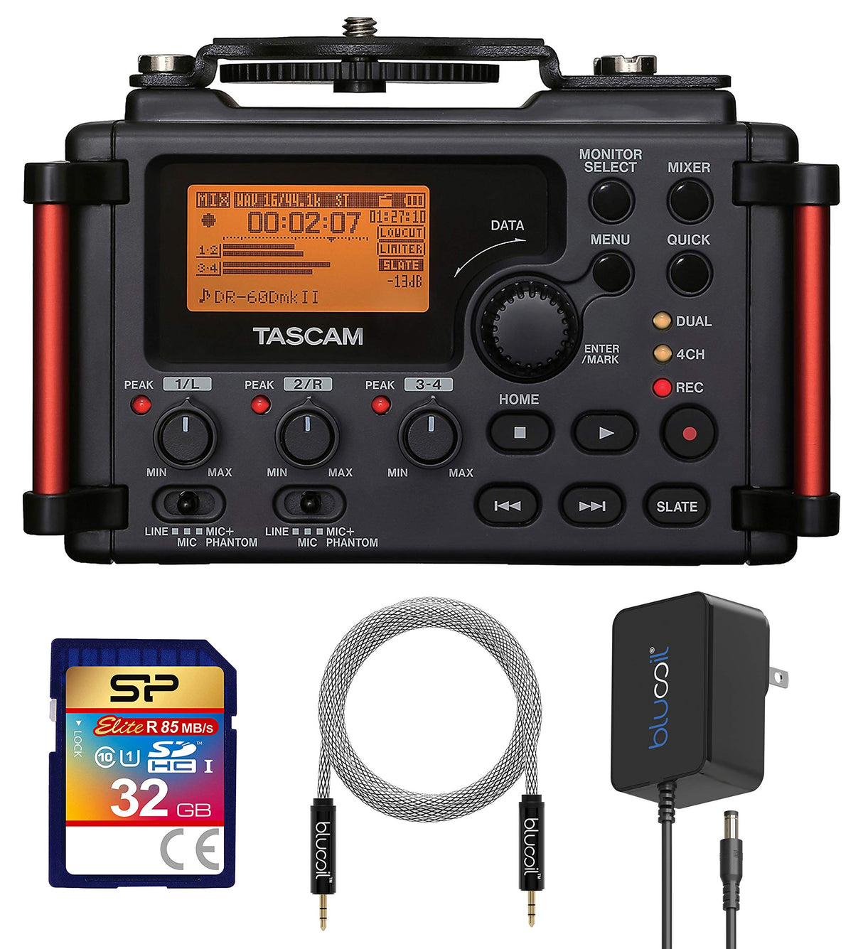 TASCAM DR-60DMKII 4-Channel Portable Audio Recorder for DSLR Cameras Bundle with 32GB SDHC Memory Card, 5V 1000mA Power Supply with Slim AC Adapter, and 5-FT Audio Aux Cable