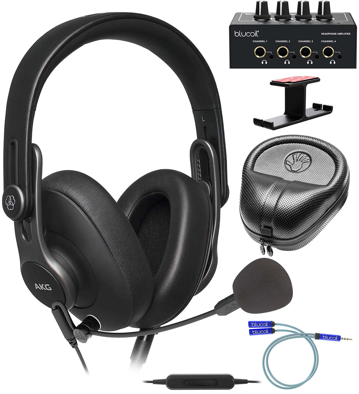 blucoil AKG Pro Audio K371 Over-Ear Closed-Back Foldable Studio Headphones Bundle with Audio ModMic Uni, Y Splitter Cable, Headphone Amp, Aluminum Headphone Hook, and Slappa Headphone Case