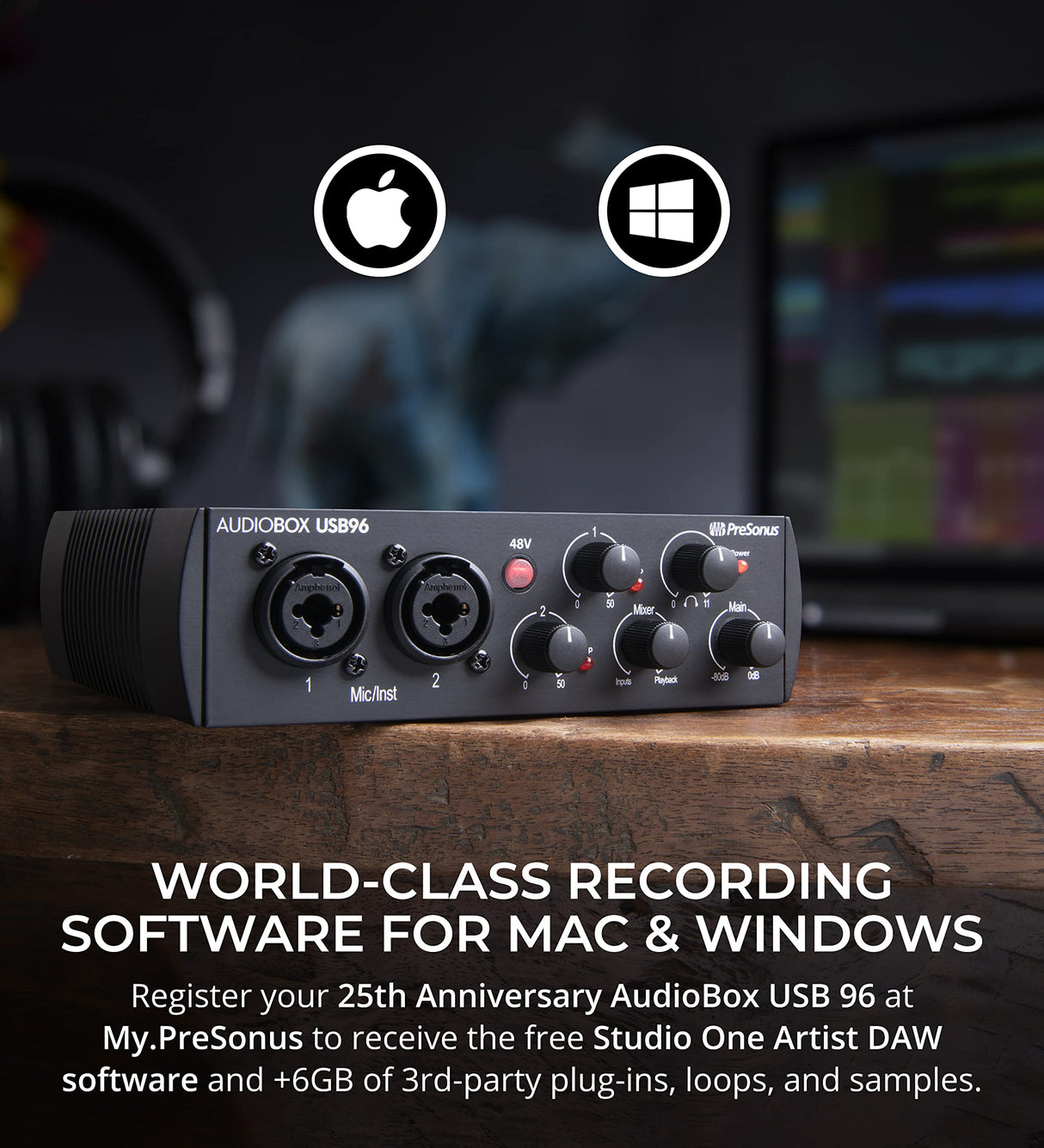 PreSonus AudioBox 96 Studio 25th Anniversary Edition with Studio One Artist Bundle with Blucoil Boom Arm Plus Pop Filter, USB-A Mini Hub, 10' Straight Instrument, 10' XLR, and 3' USB Extension Cables