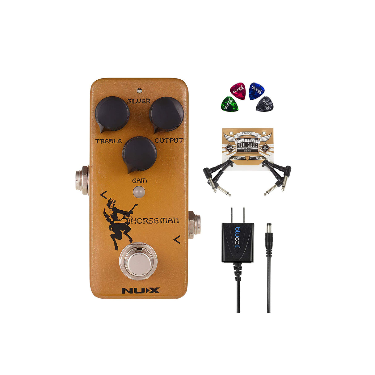 NUX Horseman Overdrive Guitar Effect Pedal with Gold and Silver Modes Bundle with Blucoil Slim 9V Power Supply AC Adapter, 2-Pack of Pedal Patch Cables, and 4-Pack of Celluloid Guitar Picks