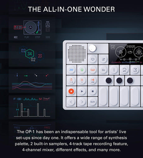 teenage engineering OP-1 Portable Synthesizer, Sampler, and Controller Bundle with OP-1 Accessory Kit, Blucoil USB Wall Adapter, 3-FT USB 2.0 Type-A Extension Cable, and 3-Pack of 7" Audio Aux Cables