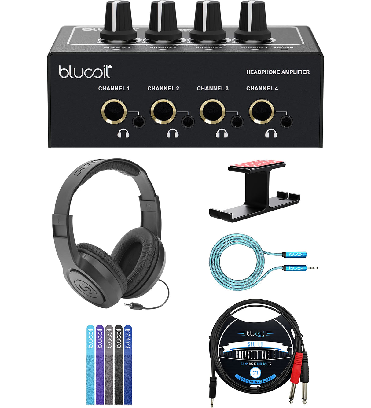 blucoil 4-Channel Headphone Amplifier Bundle with 12V Power Adapter, Samson SR350 Headphones, Aluminum Headphone Hook, 5' TRS to TS Stereo Breakout Cable, 6' 3.5mm Extension Cable, and 5X Cable Ties