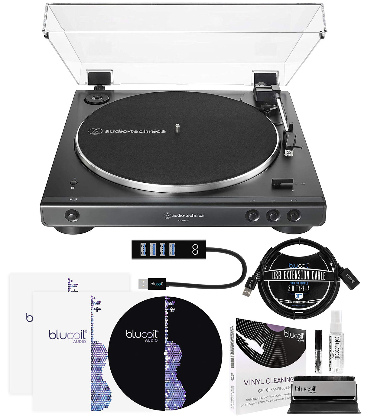 Audio-Technica AT-LP60XUSB USB Belt-Drive Turntable (Black) Bundle with Blucoil Type-A Hub, 3-FT USB 2.0 Type-A Extension Cable, 2-in-1 Vinyl Cleaning Kit, Turntable Slipmat, and 2x LP Inner Sleeves