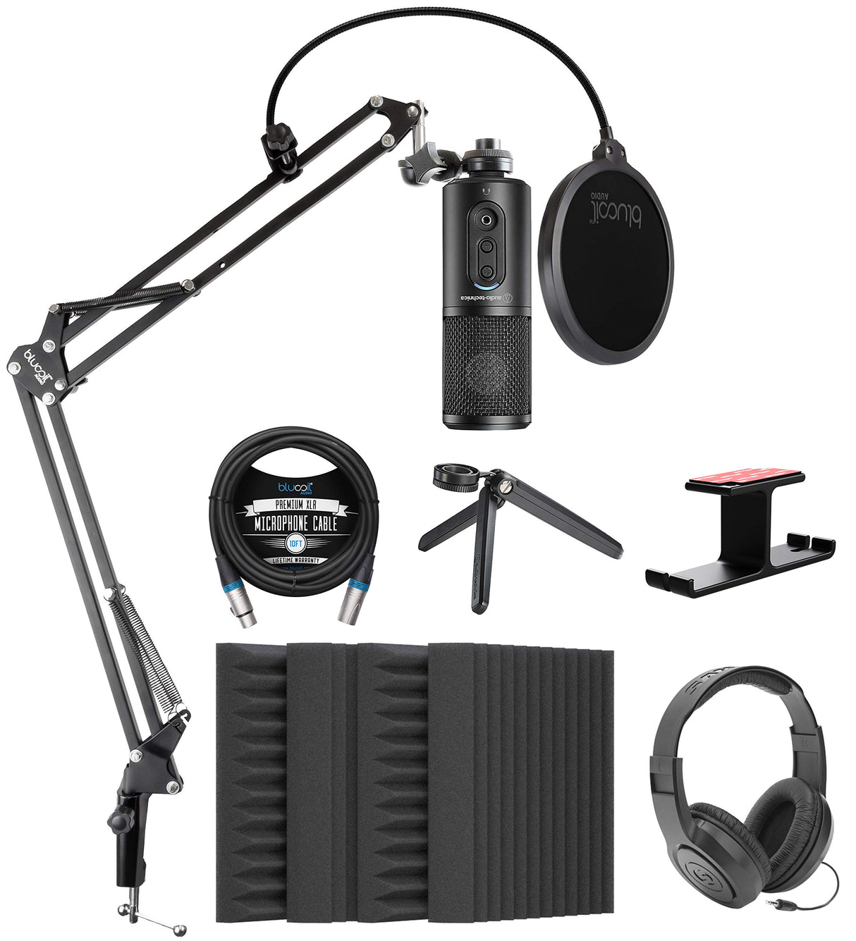 Audio-Technica ATR2500x-USB Cardioid Condenser Microphone (ATR Series) Bundle with Blucoil 4X 12 Acoustic Wedges, 10' XLR Cable, Boom Arm Plus Pop Filter, Headphone Hook, and Samson SR350 Headphones