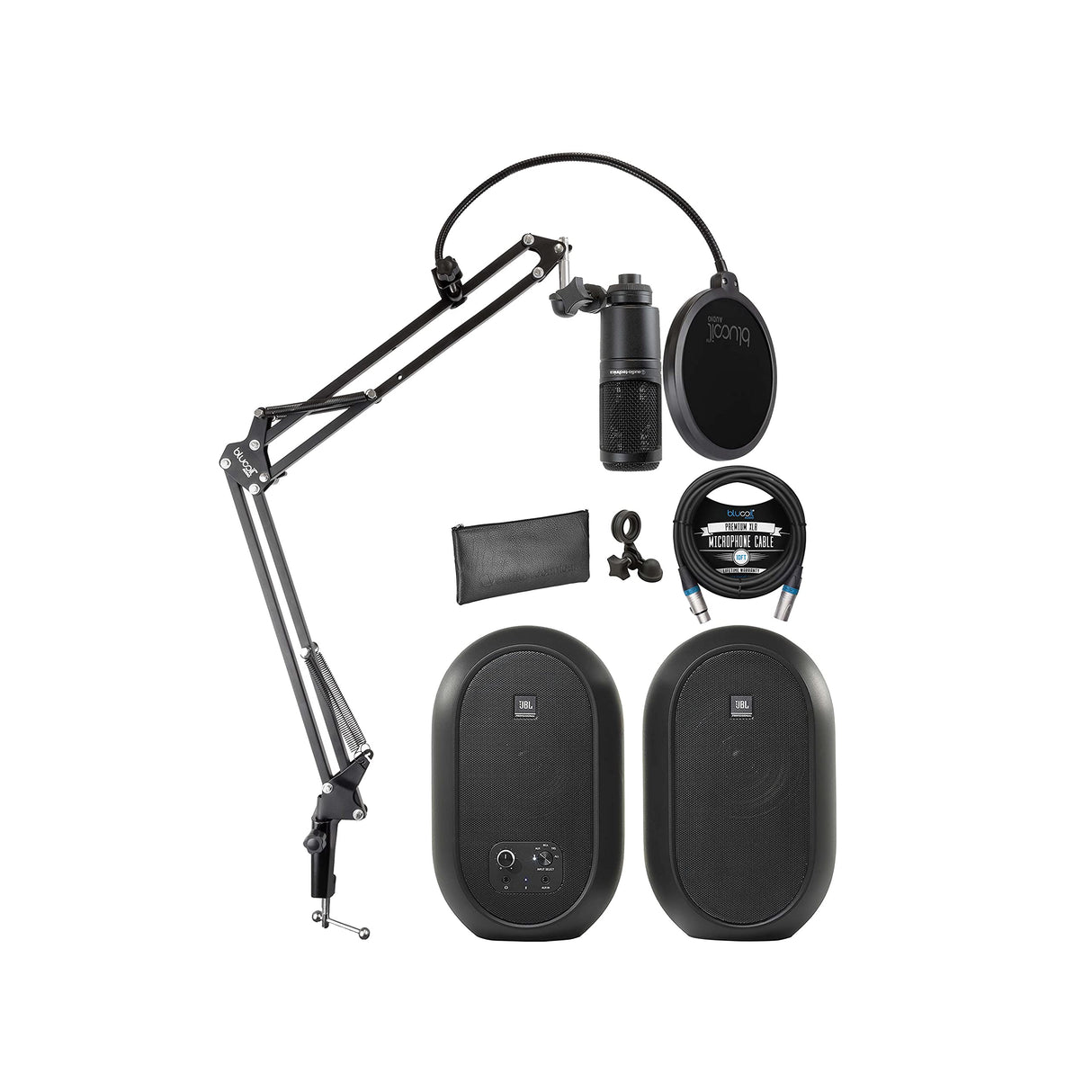 JBL 1 Series 104-BT Compact Desktop Reference Monitors with Bluetooth (Pair) Bundle with Audio Technica AT2020 Condenser Microphone, Blucoil 10-FT Balanced XLR Cable, and Boom Arm Plus Pop Filter