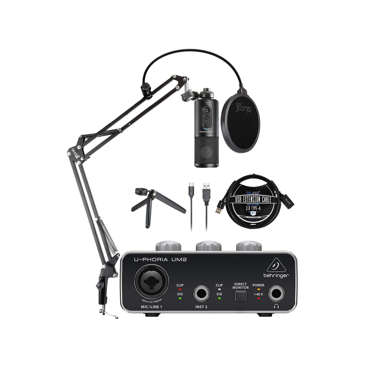 Audio-Technica ATR2500x-USB Cardioid Condenser Microphone (ATR Series) Bundle with Behringer U-PHORIA UM2 USB Audio Interface, Blucoil Boom Arm Plus Pop Filter, and 3' USB Extension Cable