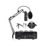 Audio-Technica ATR2500x-USB Cardioid Condenser Microphone (ATR Series) Bundle with Behringer U-PHORIA UM2 USB Audio Interface, Blucoil Boom Arm Plus Pop Filter, and 3' USB Extension Cable