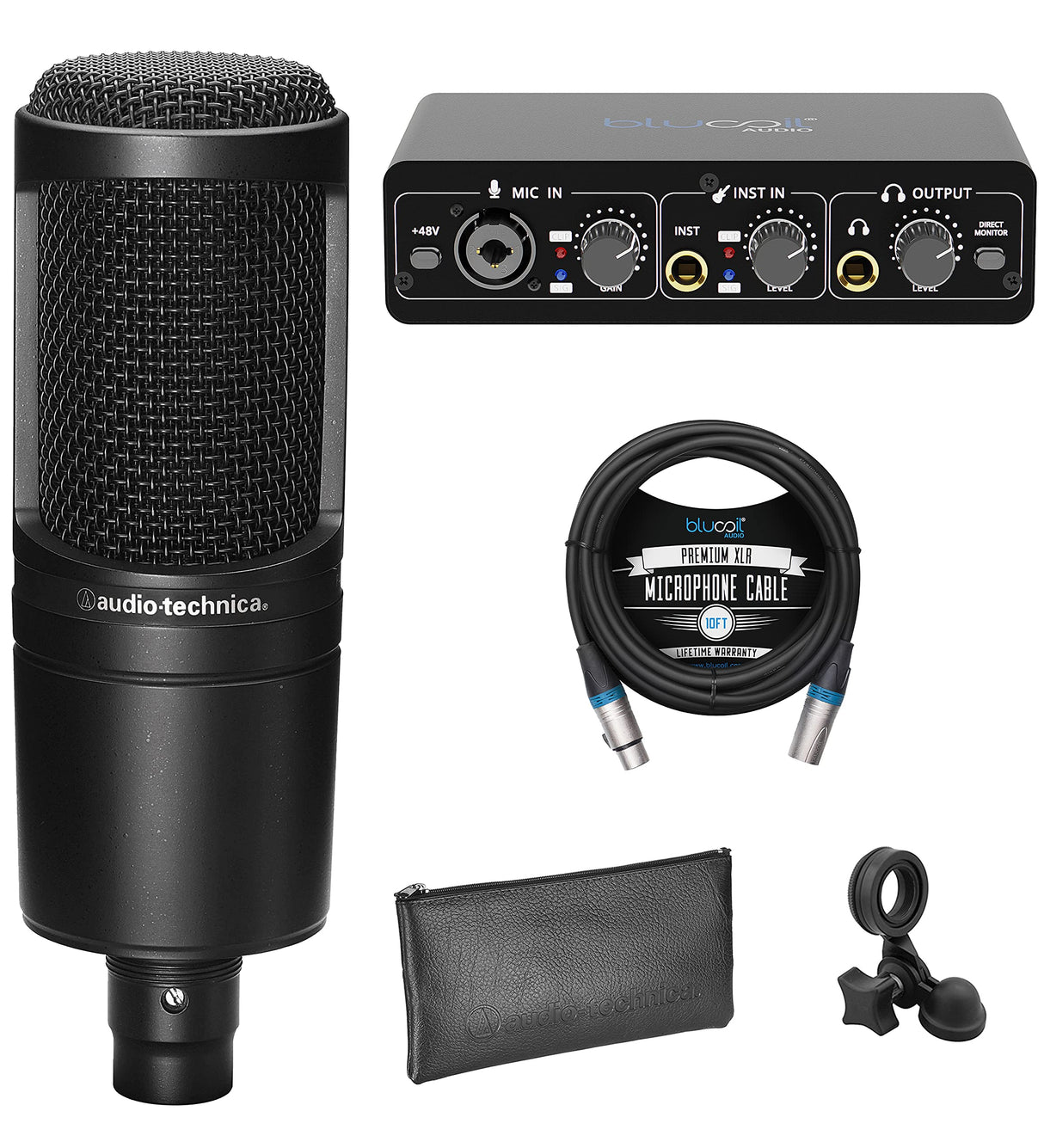 blucoil Audio Technica AT2020 Cardioid Condenser Microphone for Vocals, Musical Instruments, & Home Studio Recording Bundle Portable USB Audio Interface for Windows & Mac, and 10' XLR Cable