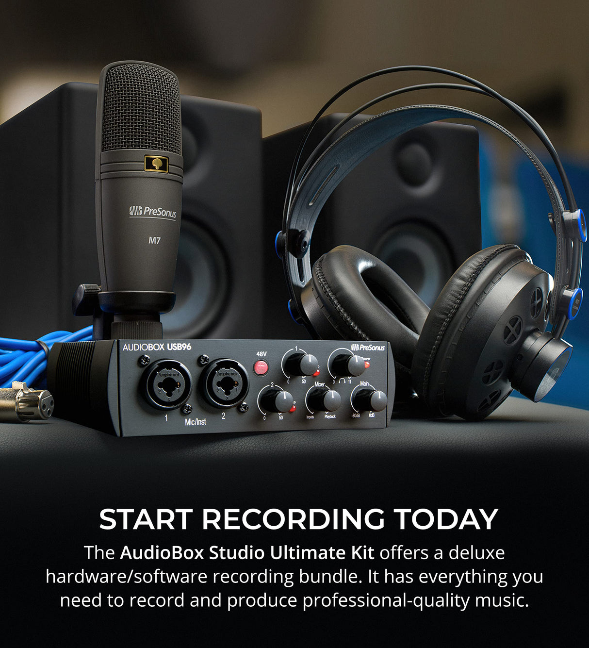 PreSonus AudioBox Studio Ultimate Bundle 25th Anniversary Edition with Studio Monitors and Studio One Artist, Blucoil Adjustable Mic Stand, Pop Filter Windscreen, and 2-Pack of Acoustic Isolation Pads