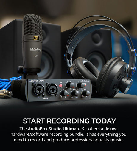 PreSonus AudioBox Studio Ultimate Bundle 25th Anniversary Edition with Studio Monitors and Studio One Artist, Blucoil Adjustable Mic Stand, Pop Filter Windscreen, and 2-Pack of Acoustic Isolation Pads
