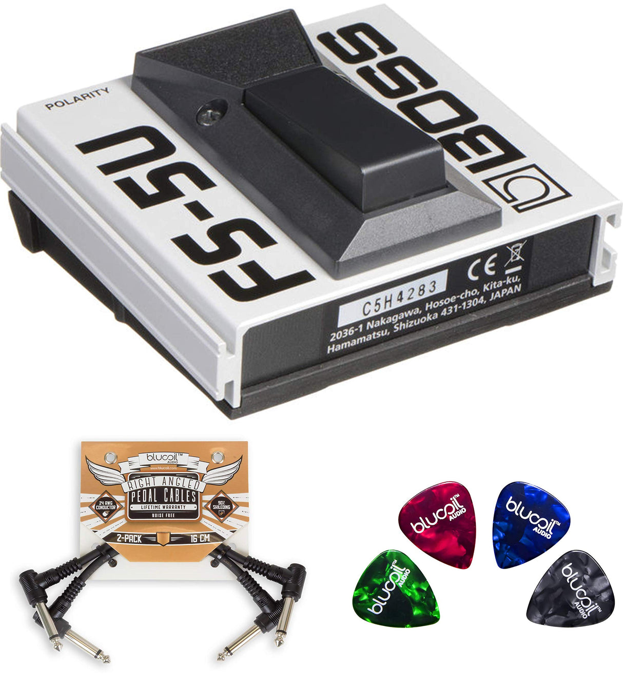 BOSS FS-5U Non-Latching Footswitch Pedal Bundle with 2-Pack of Blucoil Pedal Patch Cables and 4-Pack of Celluloid Guitar Picks