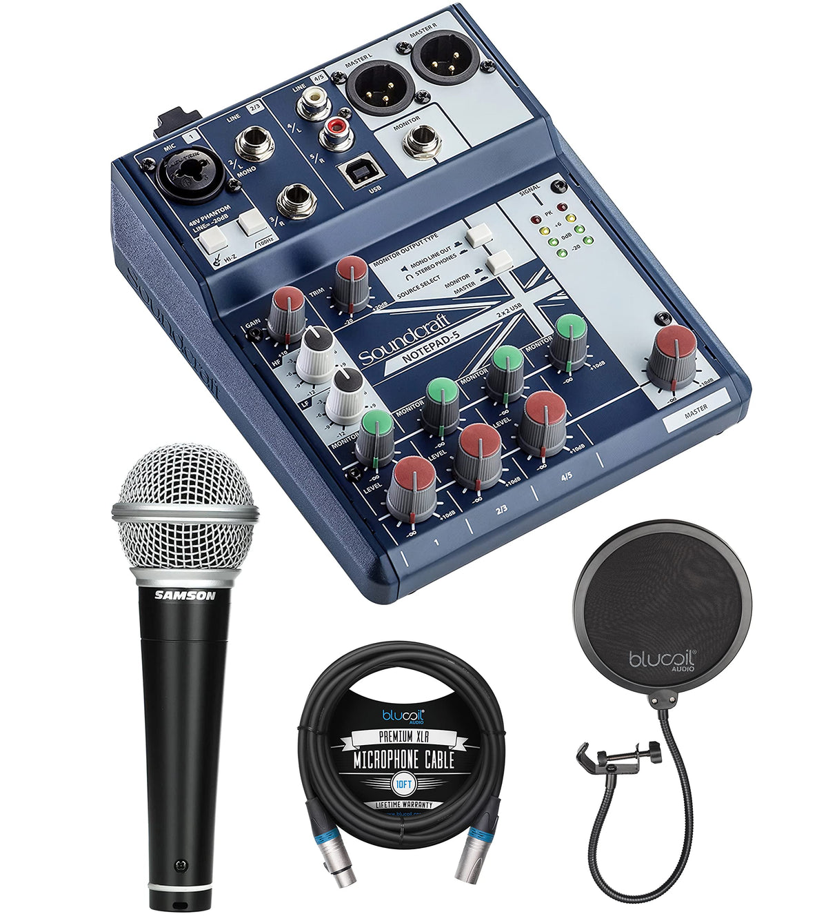 Soundcraft Notepad 5 Small-Format Analog Five-Channel Mixing Console with USB I/O Bundle with Samson R21S Dynamic Microphone, Blucoil Pop Filter Windscreen, and 10-FT Balanced XLR Cable