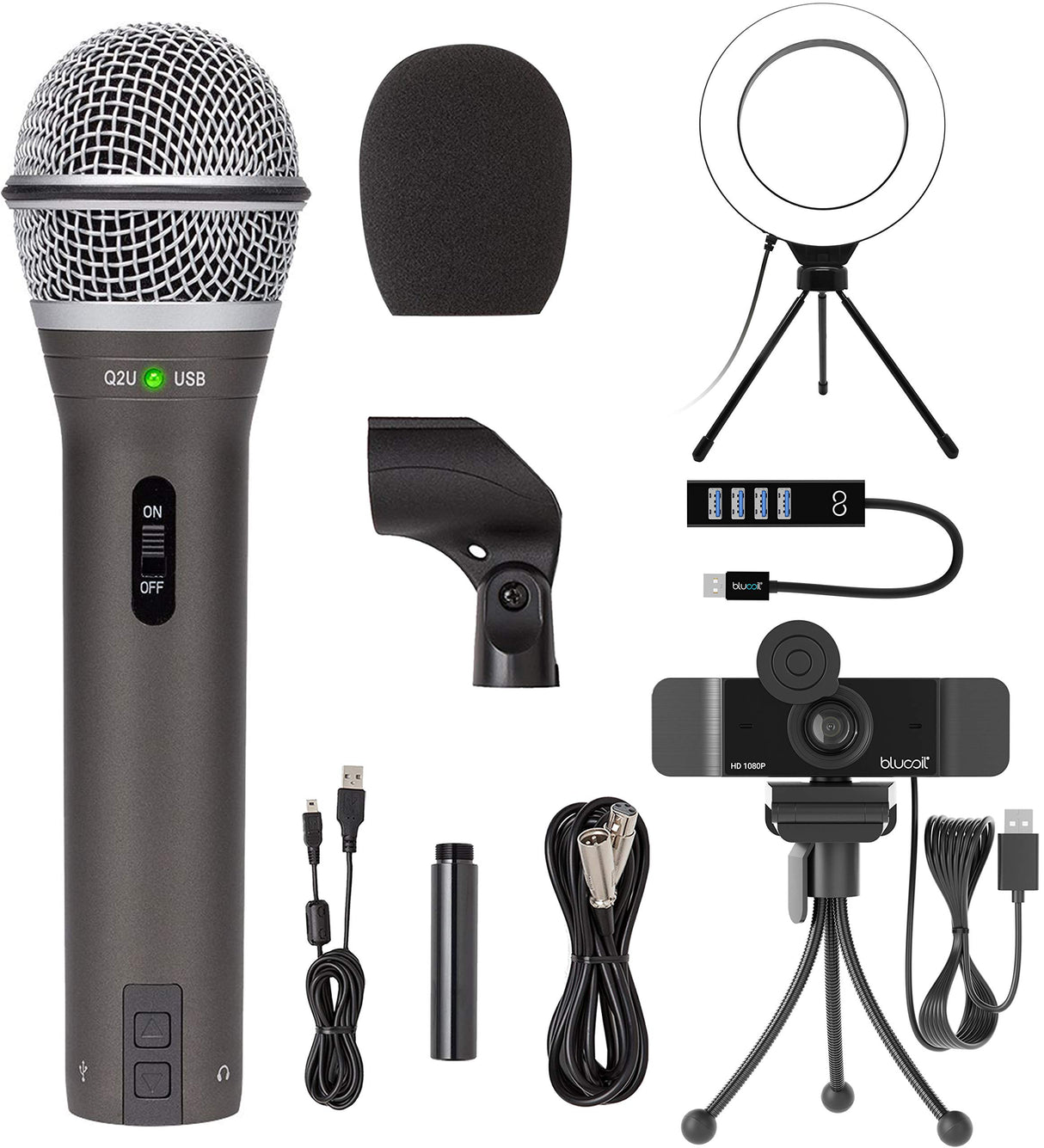 Samson Q2U USB/XLR Dynamic Microphone for Windows, Mac, iOS Devices, Mixers, and PA Systems Bundle with Blucoil 1080p USB Webcam, 6" Dimmable Selfie Ring Light, and USB-A Mini Hub