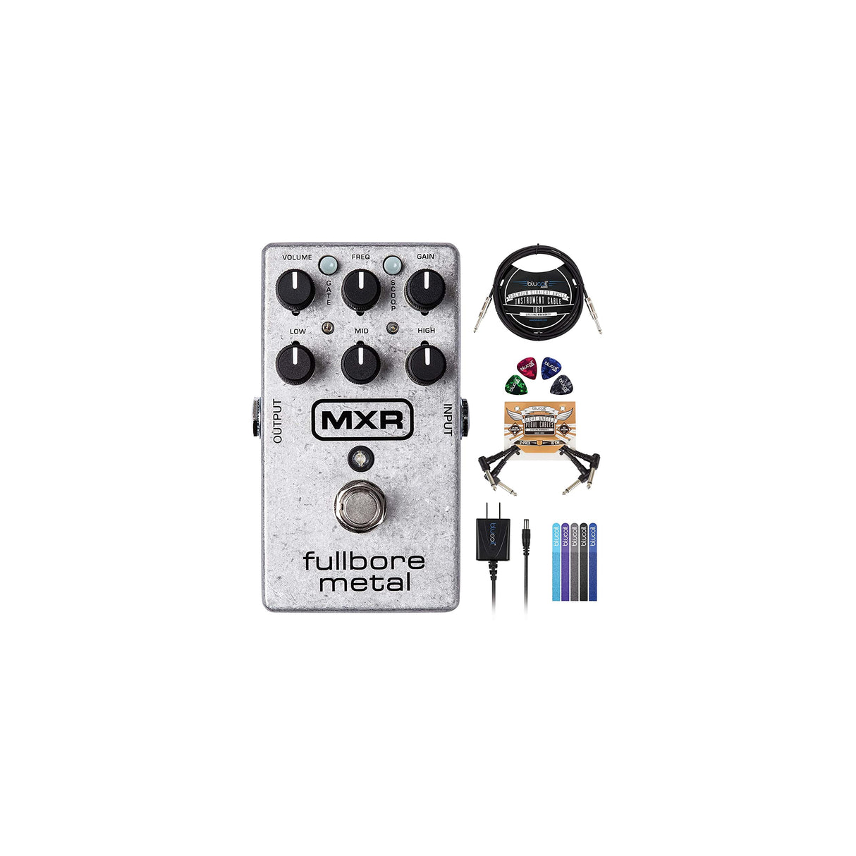 MXR M116 Fullbore Metal Distortion Pedal Bundle with Blucoil 9V AC Adapter, 10' Straight Instrument Cable (1/4"), 2x Pedal Patch Cables, 4x Celluloid Guitar Picks, and 5x Reusable Cable Ties