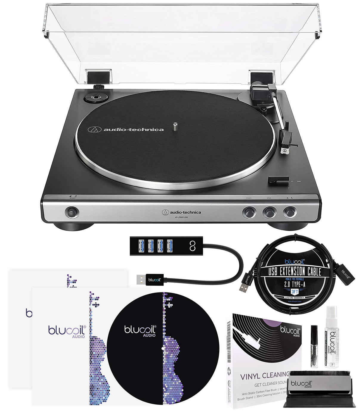 Audio-Technica AT-LP60XUSB USB Belt-Drive Turntable (Gunmetal) Bundle with Blucoil Type-A Hub, 3' USB Extension Cable, 2-in-1 Vinyl Cleaning Kit, 2X LP Inner Sleeves, and 12" Turntable Slipmat