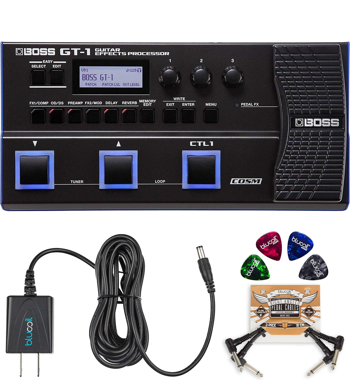 BOSS GT-1 Guitar Multi-Effects Processor Bundle with BOSS Tone Studio, Blucoil 9V DC Power Supply, 2-Pack of Pedal Patch Cables, and 4-Pack of Celluloid Guitar Picks